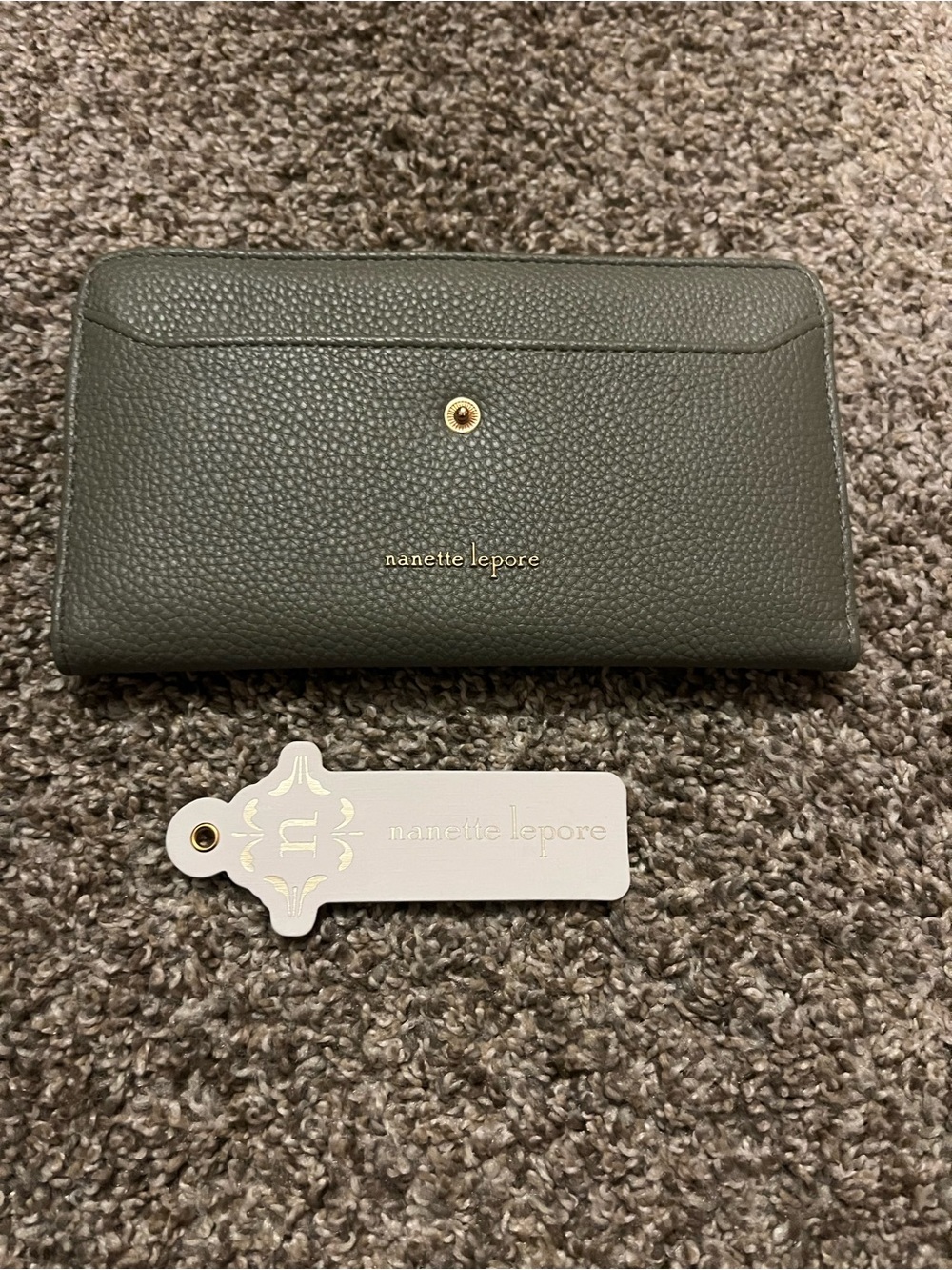 Nanette Lepore Olive Green Pebbled Leather Wallet with Gold Accent